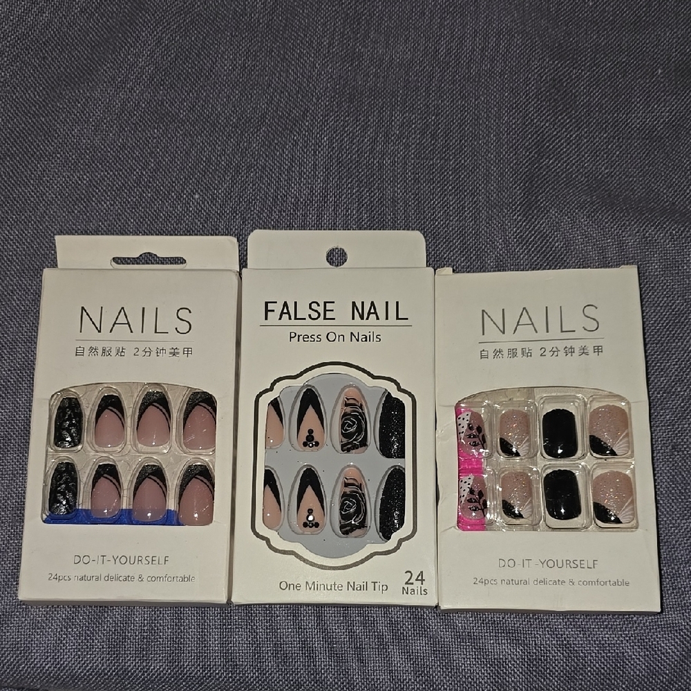 3 False Nail Press On Sets - Black, Pink, Nude